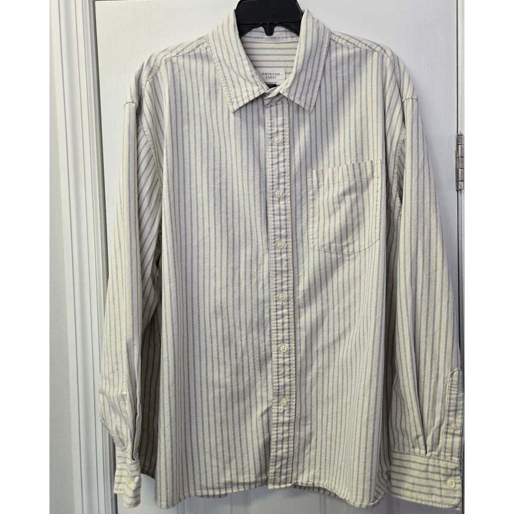 American Eagle Relaxed Fit Striped Button Down Shirt Mens XL Blue Cream Cotton